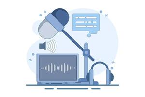 Podcast and broadcasting concept. Radio studio talking into microphone and recording audio podcast or live online interview. Flat design suitable for various purposes. Design illustration. vector