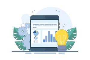 Business Graphics Report on Tablet and Bulb Ideas. Business Intelligence Concept. Accurate information research, business intelligence and successful strategy planning. vector