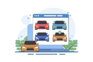 Concept of online car buying website or car rental shop comparing websites via internet by choosing car on digital tablet computer, buy and sell web shop. Design illustration vector