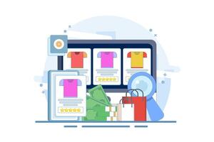 E-commerce business platform concept, e-commerce SEO strategy, online store promotion. Online shopping, e-commerce platform, digital marketing. illustration with icons on background vector