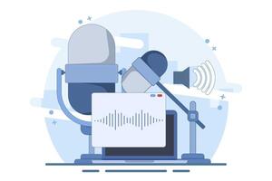 Podcast and broadcasting concept. Radio studio talking into microphone and recording audio podcast or live online interview. Flat design suitable for various purposes. Flat design illustration. vector