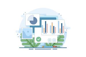 Financial Statement Analysis Concept, data analysis on business report and investment monitoring dashboard. Business Financial Flowchart Report with Magnifying Glass. Flat Design illustration vector