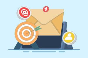 Concept of Approaching Target Audience Using Email Marketing, Online Business Strategy, Advertising, Email Newsletter, Messaging, Business Marketing Materials. Flat Illustration vector