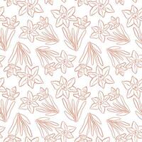 Seamless line pattern with daffodil flowers and leaves in a line art style. Perfect for spring themed design, textile, wallpaper and background. vector
