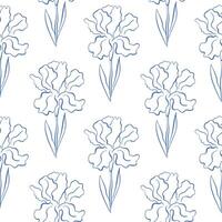 Elegant seamless line art pattern with iris flowers and leaves in a minimalistic style. Ideal for textile design, wallpaper, packaging and spring background. vector
