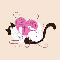 Tuxedo cat with a ball of thread in the shape of a heart in flat style. Design for Valentine day for postcard, banner, flyer. Isolated on a beige background. vector