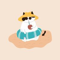 Tuxedo cat in an inflatable ring sits on the sand wearing sunglasses, a hat and drinks a cocktail in a coconut from a straw. Flat style illustration for summer design. vector