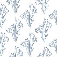 Snowdrops flower on white background seamless pattern in line art style. Floral print for spring design, wallpaper, postcard. vector