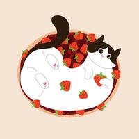 Tuxedo cat is lying in a basket with strawberries in flat style. Summer design for postcard isolated on beige background. vector