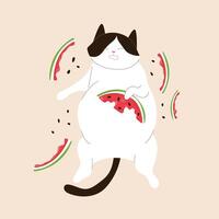 Tuxedo cat eat watermelon and is lying on his back surrounded by watermelon rinds and seeds in flat style. Summer design for postcard, banner and cloth. vector