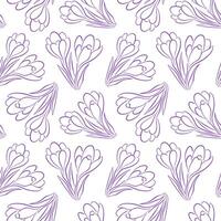Seamless floral pattern with crocus or saffron flower in line art style on white background. Spring design for wallpaper, wrapper and textile. vector