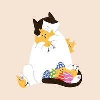 Cute tuxedo cat cuddling yellow chicks and surrounded by colorful Easter eggs in flat style. Perfect for spring, Easter themed design and holiday decoration. vector