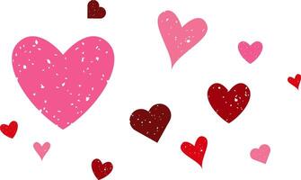 Set of red, pink and maroon hearts with rough texture isolated on white background vector