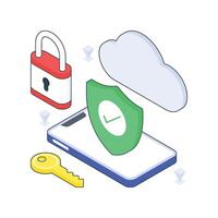 Cloud Security lock isometric Colored illustration. vector