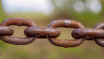 close-up of a rusted metal chain with alternating corroded and intact links for industrial or vintage design themes photo