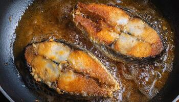 closeup view of mackerel steaks frying in hot oil with crispy golden skin and bubbling textures photo