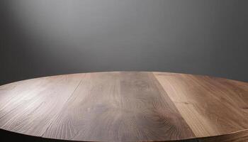 circular wooden table with natural grain pattern and neutral gray background for product display or dining setup photo