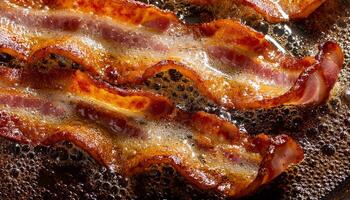 top view of thin crispy bacon slices sizzling in hot oil with bubbling textures and golden curls frying in a pan photo