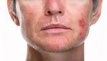 detailed shot of rosacea on the cheeks and chin with visible redness and inflamed patches on a white background photo