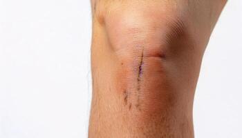 macro image of a scar on the knee caused by a skateboarding accident, showing detailed healing and faint scar discoloration in isolated white background photo