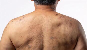 macro image of the upper back with faint age spots sagging skin visible folds and fine texture in isolated white background photo
