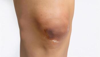 close-up of a scar caused by a car exhaust burn on the shin, showing shiny, healed skin with slight discoloration in isolated white background photo