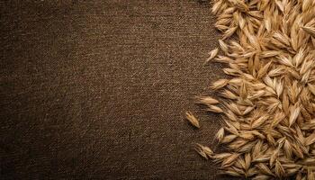 high-resolution photo of wheat pods scattered on a textured brown fabric background, perfect for rustic and organic agricultural themes