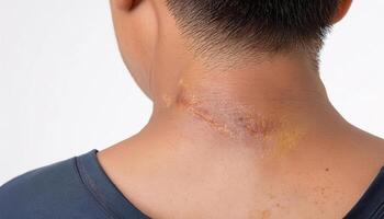 close-up of a scar from a chemical burn on the neck, displaying rough and uneven skin texture with healing marks in isolated white background photo