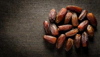 organic dried dates on rustic fabric background showcasing natural sweetness and healthy fruit snack for vegan and nutritious diets photo