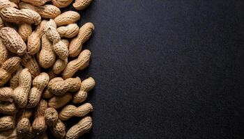 natural unshelled peanuts neatly arranged on a dark textured background for organic food concepts and rustic snack themes photo