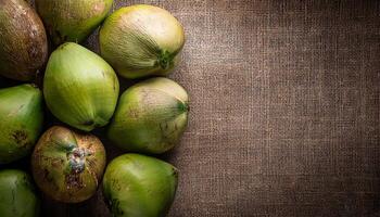 Top-down view of fresh young coconuts on a burlap fabric background, showcasing natural green hues and textures for tropical or rustic themes photo