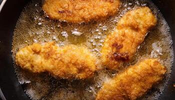 top view of chicken tenders frying in bubbling oil with golden brown crispy crust forming photo