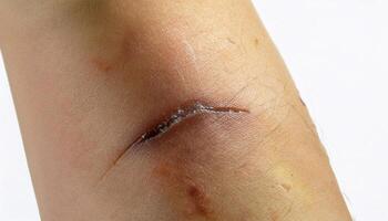macro shot of a scar on the forearm caused by falling off a scooter, displaying healed tissue with slight discoloration and fine texture in isolated white background photo