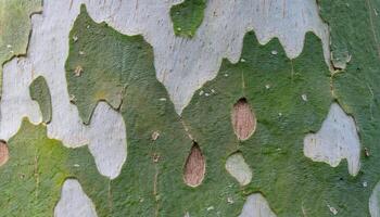 close-up of sycamore tree bark featuring smooth surface with natural mottled green and white patterns for botanical textures and nature designs photo