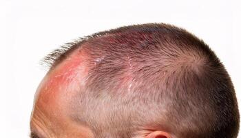 close-up of sunburned scalp with visible redness and peeling skin, isolated on white background photo