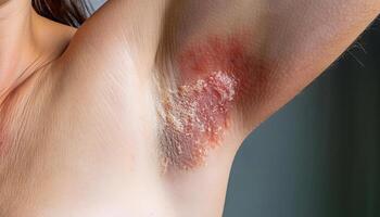 close-up of fungal infection in the armpit showing red, irritated, and scaly skin with visible texture, detailed dermatological condition photo