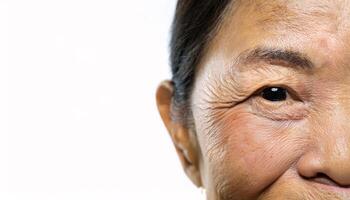 close-up of aged face showing deep wrinkles, crow's feet patterns around the eye, and fine skin texture on isolated white background photo