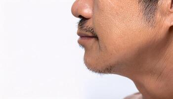 macro shot of wrinkles and fine lines on the side of the cheek with visible skin texture in isolated white background photo
