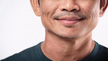 close-up of smile lines etched deeply into the skin with visible wrinkles and aged tone in isolated white background photo