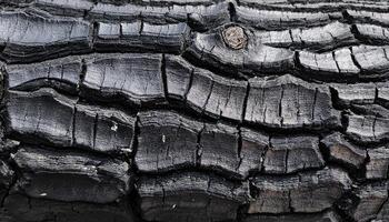 macro view of charred tree bark with deep cracks and blackened textures from fire damage photo