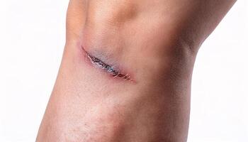 Macro view of a fresh scar on the shin from falling on concrete, isolated white background photo