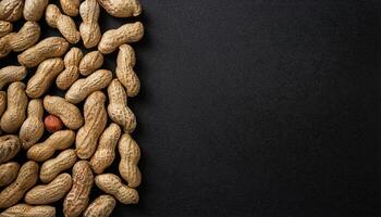 close-up view of unshelled peanuts arranged on a dark textured surface with single shelled peanut for rustic food concepts and natural snack themes photo