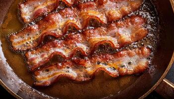 top view of sizzling crispy bacon strips frying in hot oil with curling edges and golden textures photo