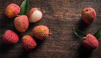 top-down view of fresh ripe lychee fruits with vibrant red skins and green leaves on rustic wooden background, tropical exotic fruit photography photo
