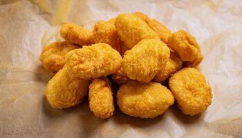 golden brown chicken nuggets arranged on parchment paper, showcasing crispy texture and rich fried coating photo