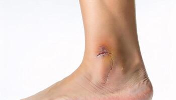 close-up of a faint scar from a campfire ember on the ankle, round and healing with visible skin texture in isolated white background photo