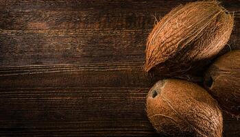 top-down view of whole coconuts with fibrous shells placed on a rustic wooden background, tropical and natural food concept emphasizing texture and earth tones photo
