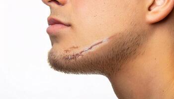 Macro view of a scar on the chin caused by tripping over a curb, showcasing a slightly raised texture in isolated white background photo