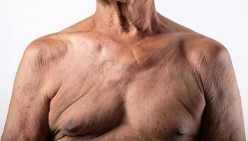 close-up of aged upper chest with visible wrinkles, fine creases, pigmentation, and loose skin texture on isolated white background photo