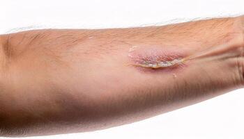 detailed view of a large scar from a cut on the bicep, showing uneven healing in isolated white background photo